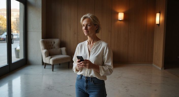 Eine reife Frau steht nachdenklich in einer Hotel-Lobby.