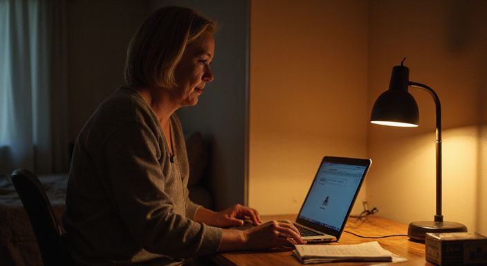 Eine Frau arbeitet konzentriert an ihrem Laptop in einem Schlafzimmer.
