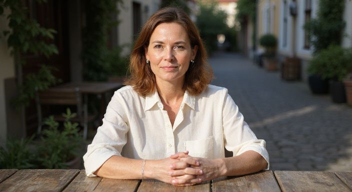 Eine reife Frau in einem Café zeigt nachdenkliche Gesprächsbereitschaft