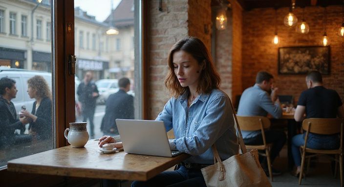 Eine Frau sitzt in einem Café und schaut konzentriert auf ihren Laptop.
