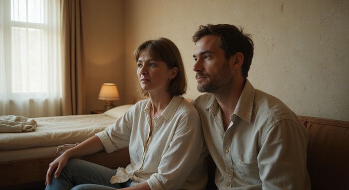 Eine reife Frau und ein junger Mann sitzen nah beieinander.