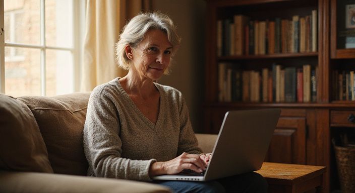 Eine reife Frau arbeitet konzentriert an ihrem Laptop in einem gemütlichen Raum.