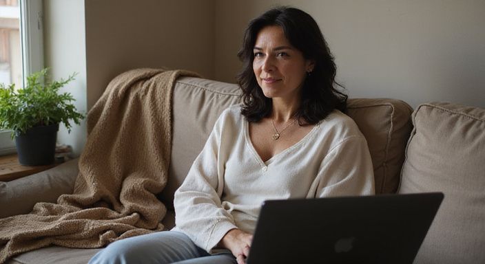 Eine nachdenkliche Frau nutzt eine Dating-App für Milf Sexkontakte auf ihrem Laptop.