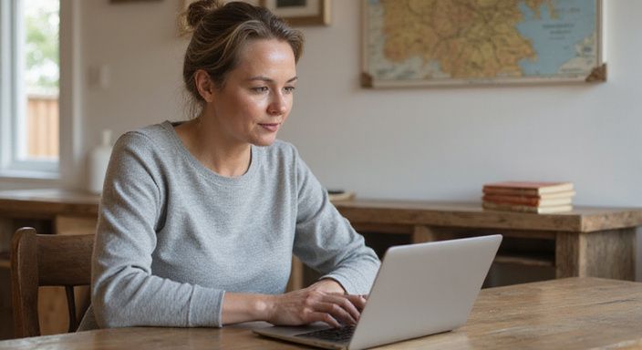 Eine Frau sitzt an einem Tisch und tippt konzentriert auf einem Laptop.
