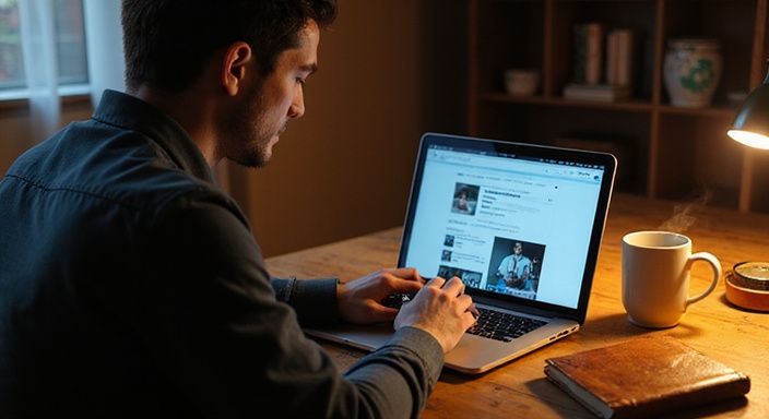 Eine Person sitzt nachdenklich an einem Holzschreibtisch mit Laptop.