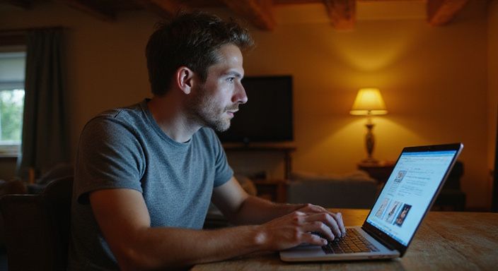 Ein fokussierter Mann arbeitet an seinem Laptop in einem Zimmer und suche sexkontakt in Graubünden.