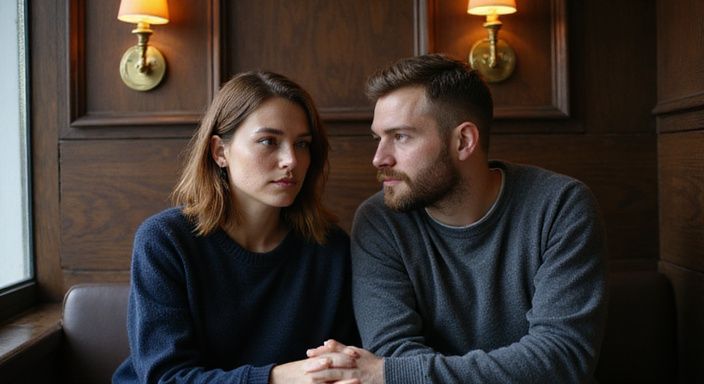 Ein Paar führt eine intime, nachdenkliche Unterhaltung in einer Bar.