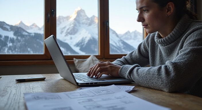 Ein Laptop zeigt Mietangebote in St. Moritz mit Notizen daneben.