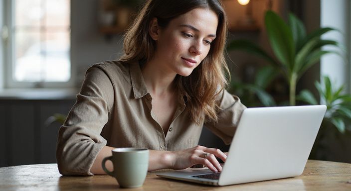 Eine Frau sitzt an einem Tisch und suche am Laptop nach sexkontakt in Graubünden.