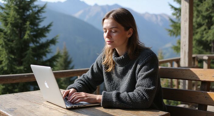 Eine Frau arbeitet konzentriert an ihrem Laptop in einem Café.