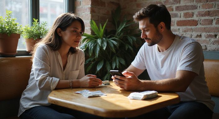 Ein Paar sitzt in einem Café und nutzt seine Smartphones.
