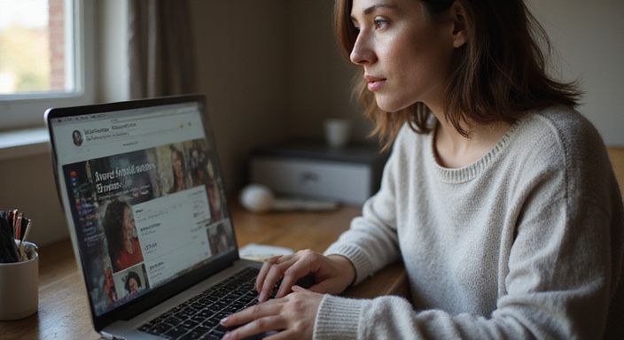Eine Frau arbeitet konzentriert an ihrem Laptop in einem schlichten Raum.
