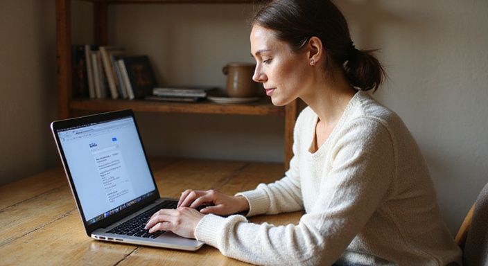 Eine Frau arbeitet konzentriert am Laptop an einem Holztisch.