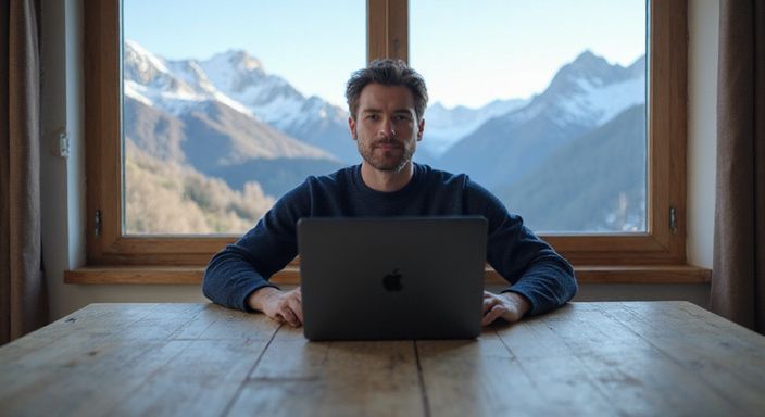 Ein Mensch arbeitet konzentriert an einem Laptop in einem gemütlichen Raum.