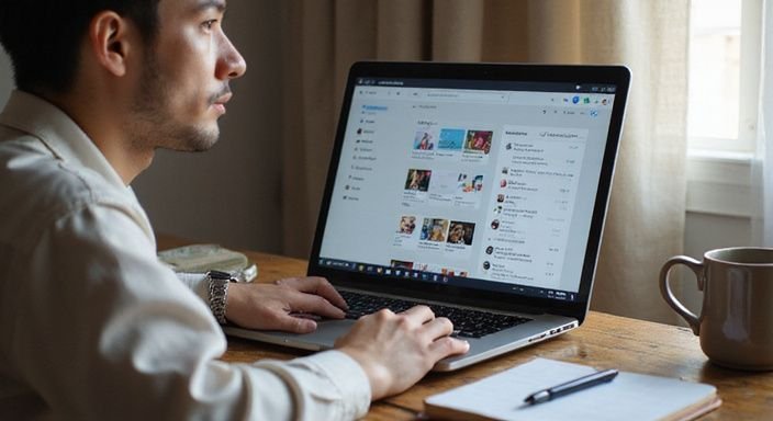 Eine Person nutzt ein offenes Laptop in einem gemütlichen Arbeitsbereich. Eine Person nutzt ein offenes Laptop in einem gemütlichen Arbeitsbereich.