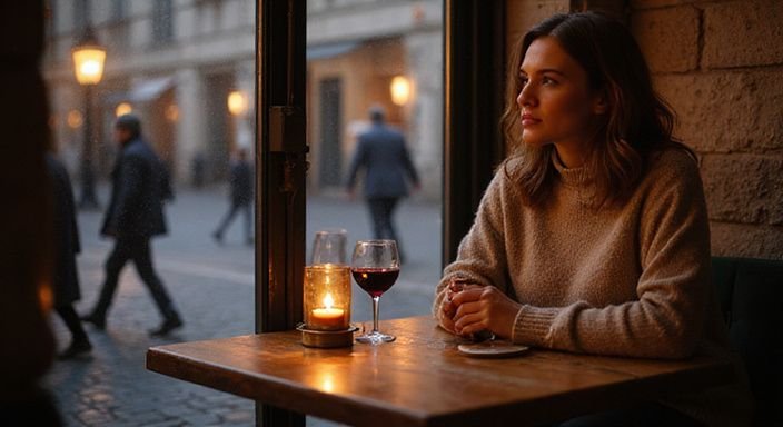 Eine Frau genießt Wein an einem kleinen Holztisch in einer Bar. Eine Frau genießt Wein an einem kleinen Holztisch in einer Bar.