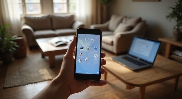 Ein Smartphone zeigt eine Dating-App in einer gemütlichen Wohnumgebung. Ein Smartphone zeigt eine Dating-App in einer gemütlichen Wohnumgebung.