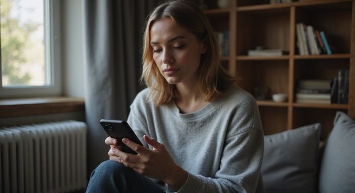 Eine konzentrierte Frau sitzt mit einem Smartphone in einem ruhigen Raum. Eine konzentrierte Frau sitzt mit einem Smartphone in einem ruhigen Raum.