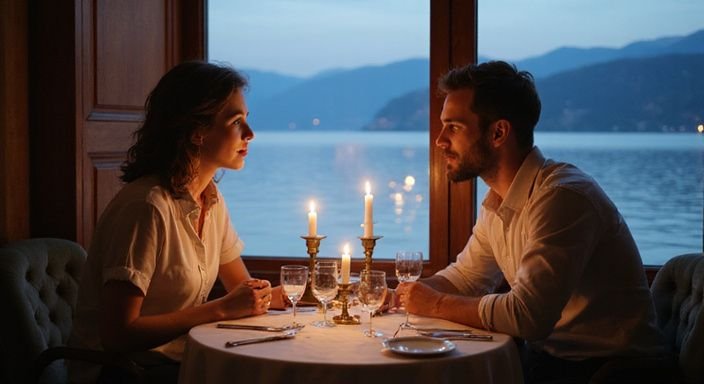 Ein Paar sitzt an einem eleganten Tisch in einem Restaurant. Ein Paar sitzt an einem eleganten Tisch in einem Restaurant.