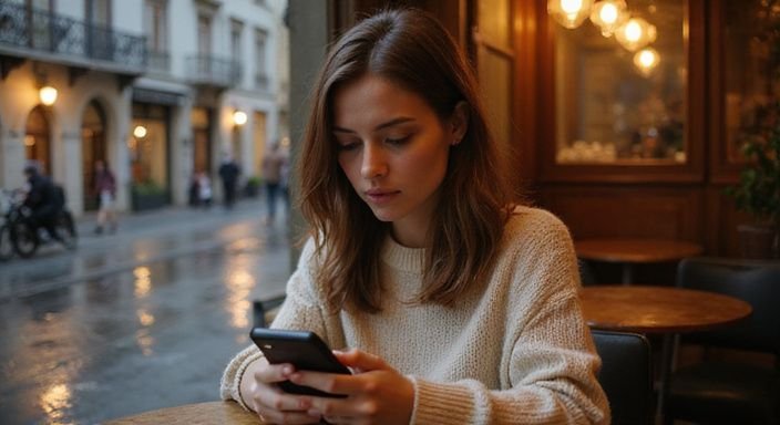 Eine Frau in einem Café scrollt geduldig durch eine Dating-App. Eine Frau in einem Café scrollt geduldig durch eine Dating-App für sexkontakt in Tessin.