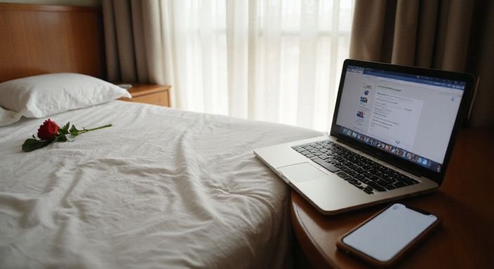 Ein gemütliches Hotelzimmer mit einem Bett, Smartphone und Laptop. Ein gemütliches Hotelzimmer mit einem Bett, Smartphone und Laptop.