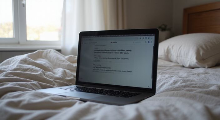 Ein gemütliches Schlafzimmer mit einem Laptop und persönlichen Nachrichten. Ein gemütliches Schlafzimmer mit einem Laptop und persönlichen Nachrichten.