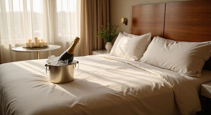 Luxuriöse Hotelsuite mit edlem Bett und Champagner auf Tisch. sexkontakt in Waadt suchen