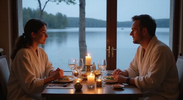 Ein Paar genießt ein romantisches Abendessen in einem privaten Spa. Ein Paar genießt ein romantisches Abendessen in einem privaten Spa.
