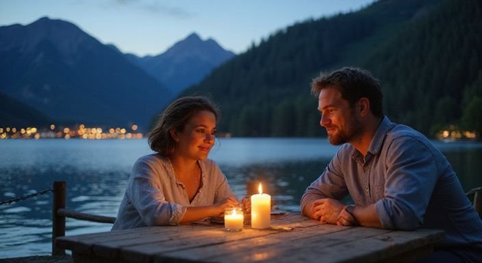 Ein Paar sitzt am Ufer des Genfersees und genießt den Abend. Ein Paar sitzt am Ufer des Genfersees und genießt den Abend.