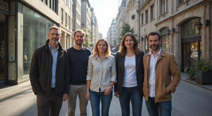 Eine diverse Gruppe von Menschen entspannt sich auf einem urbanen Bürgersteig. Eine diverse Gruppe von Menschen entspannt sich auf einem urbanen Bürgersteig.