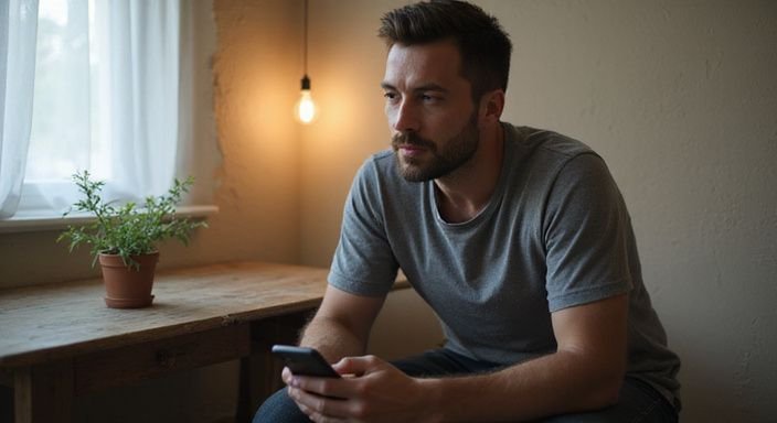 Ein Mann schaut konzentriert auf sein Smartphone in einem einfachen Raum. Ein Mann schaut konzentriert auf sein Smartphone und wollen sexkontakt in Waadt.