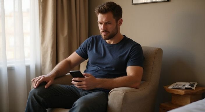 Ein nachdenklicher Mann sitzt alleine auf einem Sessel im Hotelzimmer. Ein nachdenklicher Mann sitzt alleine auf einem Sessel im Hotelzimmer und suche sexkontakt in Waadt.