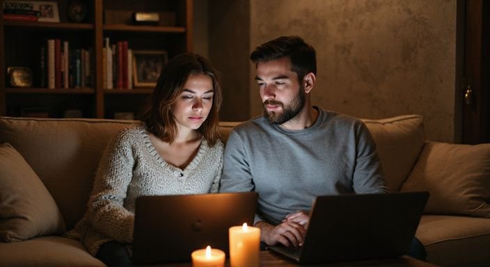 Ein Paar sitzt zusammen auf einem Sofa und arbeitet an Laptops. Ein Paar sitzt zusammen auf einem Sofa und arbeitet an Laptops.