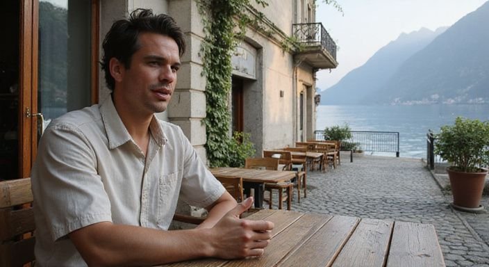 Eine Person sitzt entspannt in einem Café in Vevey. Eine Person sitzt entspannt in einem Café in Vevey.