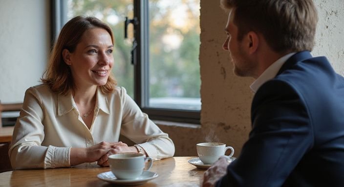Eine Frau in einem Café lächelt, während sie mit einem Mann spricht. Eine Frau in einem Café lächelt, während sie mit einem Mann spricht über sexkontakt in Waadt.