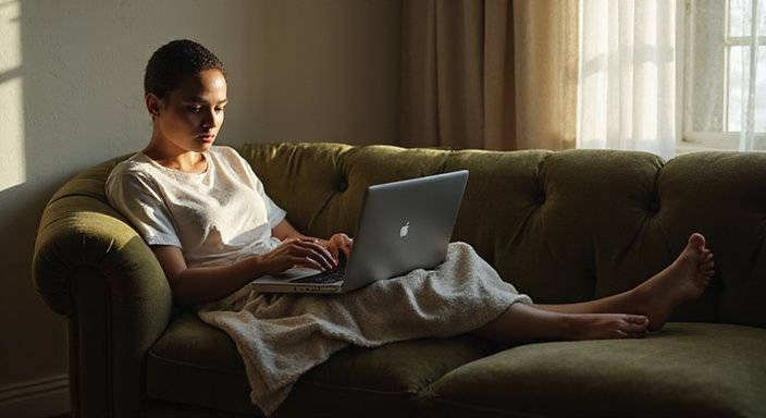 Eine Person entspannt auf einem samtigen Sofa mit Laptop. Eine Person entspannt auf einem samtigen Sofa mit Laptop.