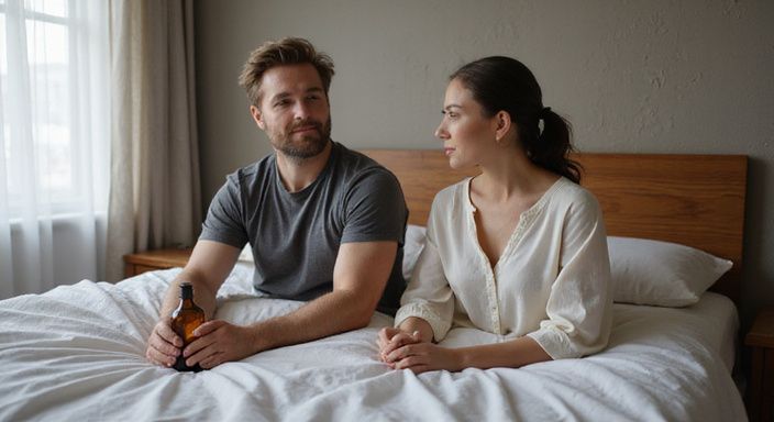 Ein Paar genießt einen intimen Moment mit Massageöl auf dem Bett.