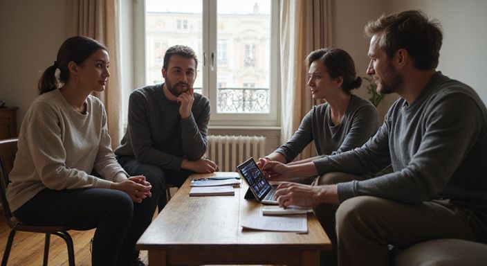 Eine Gruppe von Erwachsenen in einem vertraulichen Meeting in einer Wohnung.