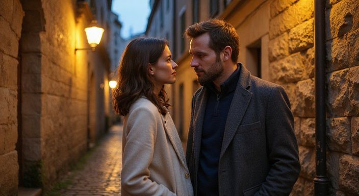 Ein Paar steht in einer engen Gasse, umgeben von verwitterten Wänden.