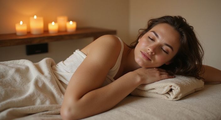 Eine Frau entspannt sich auf einem Massagetisch in einem ruhigen Raum.