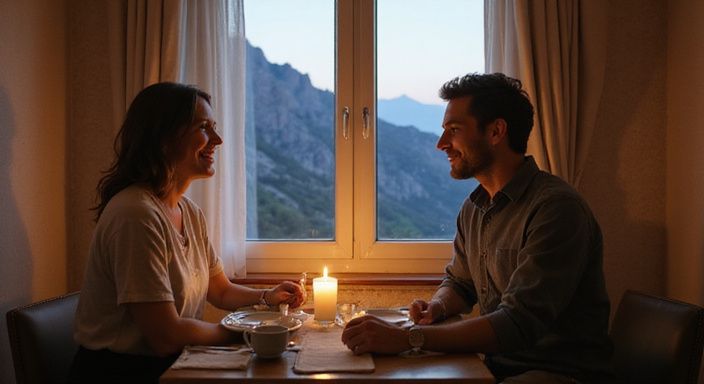 Ein Paar genießt ein romantisches Abendessen in einem Hotelzimmer und wollen sexkontakt in Wallis.