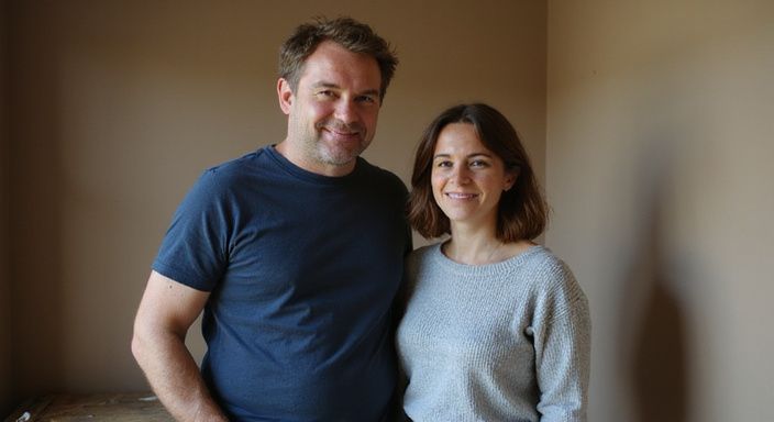 Zwei Erwachsene lächeln entspannt in einem gemütlichen Raum.