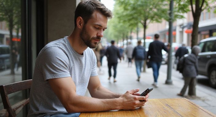 Ein Mann sitzt entspannt an einem Holztisch und suche sexkontakt in Wallis.