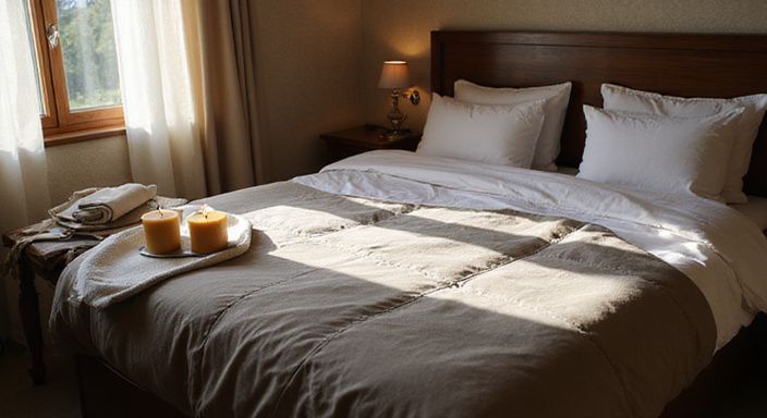 Ein gemütliches Hotelzimmer mit einem großen Bett und Kerzen.