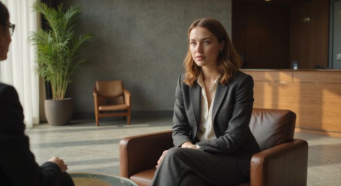 Eine Frau in formeller Kleidung sitzt nachdenklich in einem modernen Lobby.