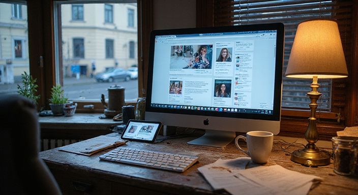 Ein chaotischer Arbeitsplatz mit Computer, Kaffeetasse und persönlichen Gegenständen