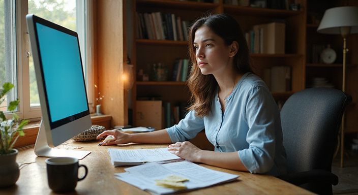 Eine konzentrierte Frau arbeitet an ihrem Schreibtisch mit Dokumenten.