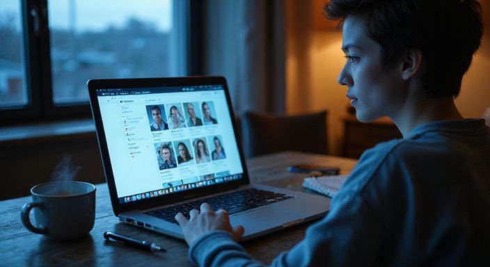 Eine Person nutzt eine Dating-App für sexkontakt in Mecklenburg-Vorpommern auf ihrem Laptop am Schreibtisch.