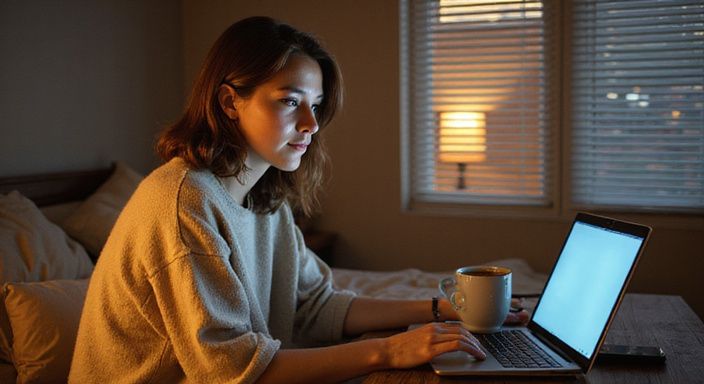 Frau in Loungewear sitzt entspannt am Schreibtisch mit Laptop.