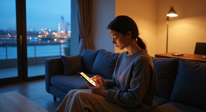 Eine Frau betrachtet konzentriert eine Dating-App für sexkontakt in Mecklenburg-Vorpommern auf ihrem Smartphone.